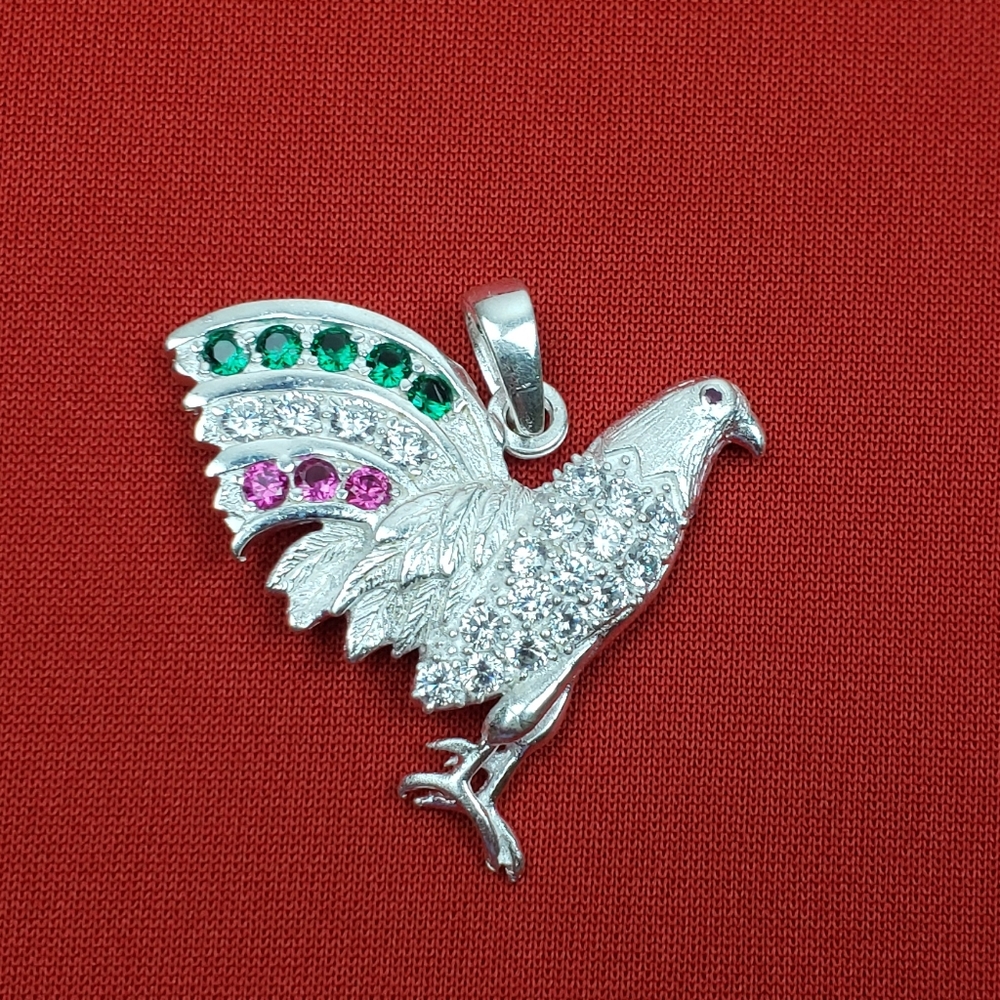 925 sterling silver‎ and multicolor Cubic Zircon men's Rooster pendant charm